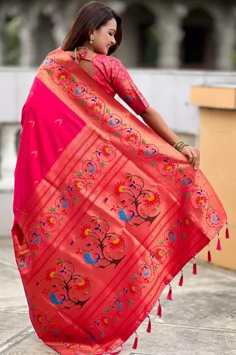 pink paithani silk blend woven meenakari jacquard graceful wedding saree