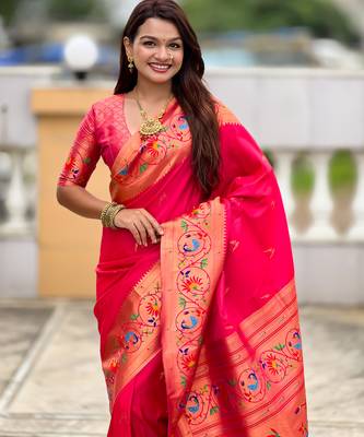 pink paithani silk blend woven meenakari jacquard graceful wedding saree 3