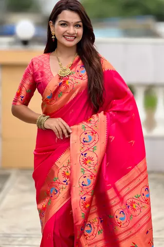 pink paithani silk blend woven meenakari jacquard graceful wedding saree