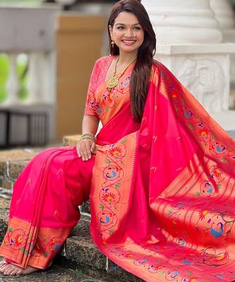 pink paithani silk blend woven meenakari jacquard graceful wedding saree 5