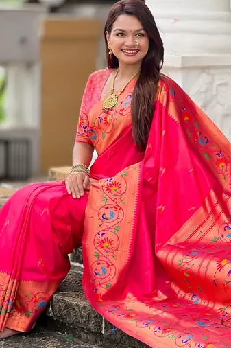 pink paithani silk blend woven meenakari jacquard graceful wedding saree