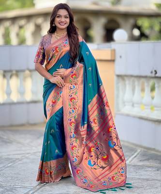 teal paithani silk blend woven meenakari jacquard graceful wedding saree 1