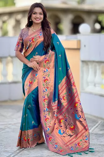 teal color paithani silk blend fabric  woven meenakari jacquard designer graceful wedding saree