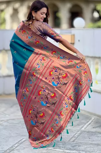 teal paithani silk blend woven meenakari jacquard graceful wedding saree