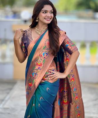 teal paithani silk blend woven meenakari jacquard graceful wedding saree 3