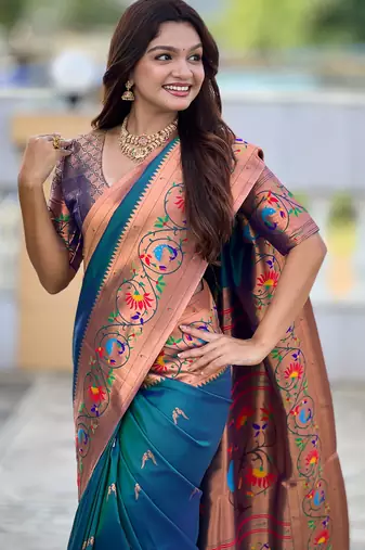 teal paithani silk blend woven meenakari jacquard graceful wedding saree