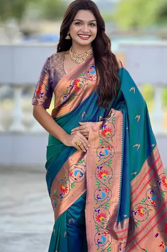 teal paithani silk blend woven meenakari jacquard graceful wedding saree