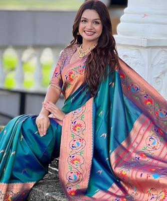 teal paithani silk blend woven meenakari jacquard graceful wedding saree 5