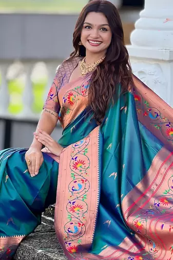 teal paithani silk blend woven meenakari jacquard graceful wedding saree