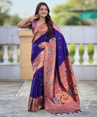 violet paithani silk blend woven meenakari jacquard graceful wedding saree 1