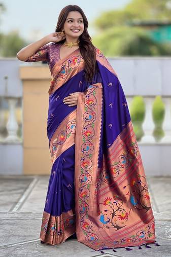 violet color paithani silk blend fabric  woven meenakari jacquard designer graceful wedding saree