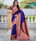 violet color paithani silk blend fabric woven meenakari jacquard graceful wedding saree