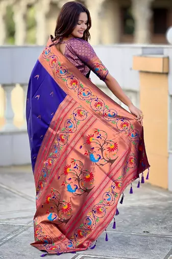 violet paithani silk blend woven meenakari jacquard graceful wedding saree