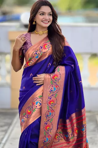 violet paithani silk blend woven meenakari jacquard graceful wedding saree
