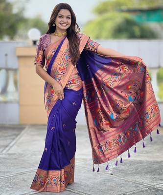 violet paithani silk blend woven meenakari jacquard graceful wedding saree 4