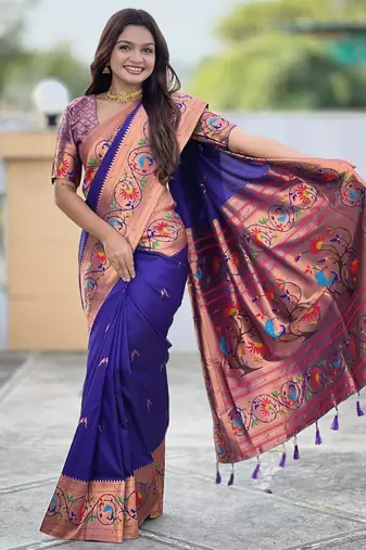 violet paithani silk blend woven meenakari jacquard graceful wedding saree