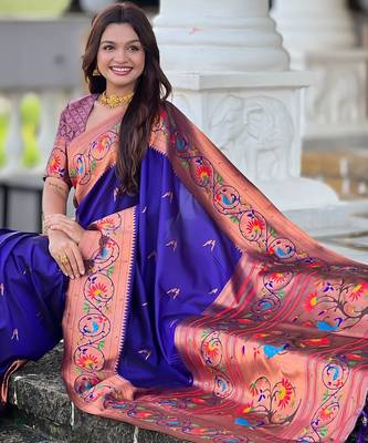 violet paithani silk blend woven meenakari jacquard graceful wedding saree 5