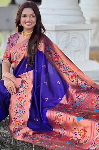violet paithani silk blend woven meenakari jacquard graceful wedding saree