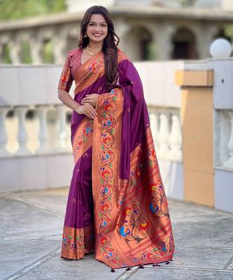 wine paithani silk blend woven meenakari jacquard graceful wedding saree 1