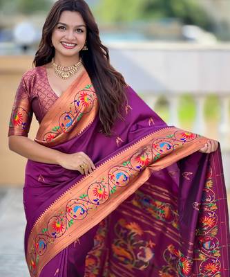 wine paithani silk blend woven meenakari jacquard graceful wedding saree 3