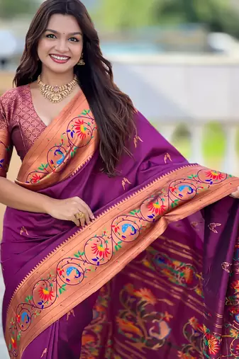 wine paithani silk blend woven meenakari jacquard graceful wedding saree