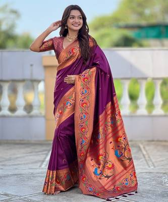 wine paithani silk blend woven meenakari jacquard graceful wedding saree 4