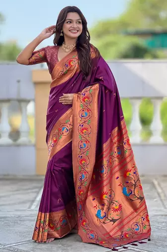 wine paithani silk blend woven meenakari jacquard graceful wedding saree