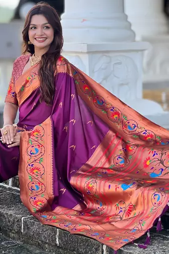 wine paithani silk blend woven meenakari jacquard graceful wedding saree