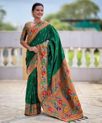 green woven meenakari jacquard paithani silk blend ethnic saree 1