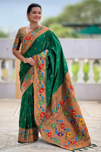 green color  woven meenakari jacquard designer paithani silk blend fabric ethnic saree