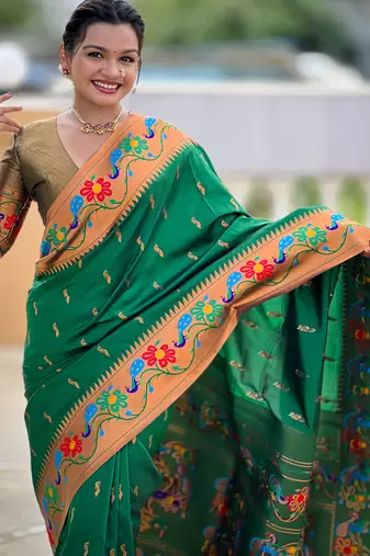 green woven meenakari jacquard paithani silk blend ethnic saree