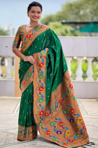green woven meenakari jacquard paithani silk blend ethnic saree