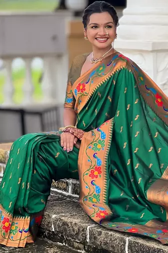 green woven meenakari jacquard paithani silk blend ethnic saree
