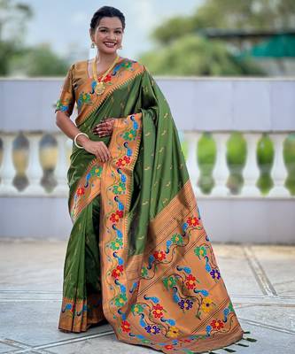 mahendi woven meenakari jacquard paithani silk blend ethnic saree 1