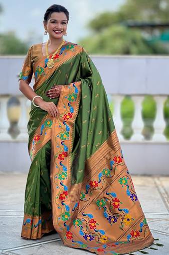 mahendi color  woven meenakari jacquard designer paithani silk blend fabric ethnic saree