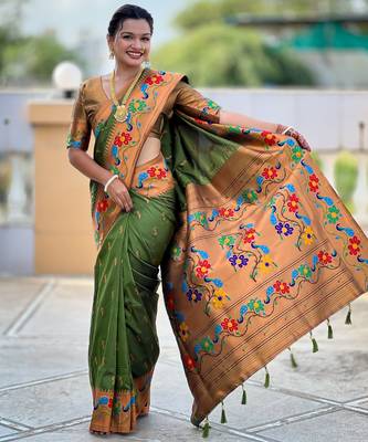 mahendi woven meenakari jacquard paithani silk blend ethnic saree 4