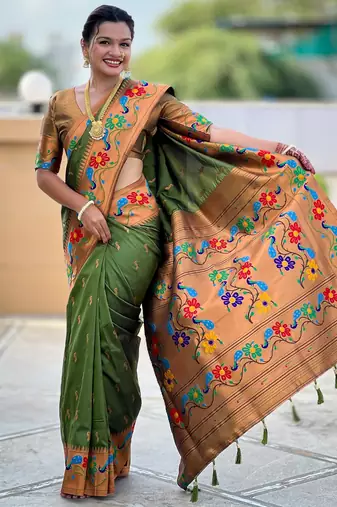 mahendi woven meenakari jacquard paithani silk blend ethnic saree