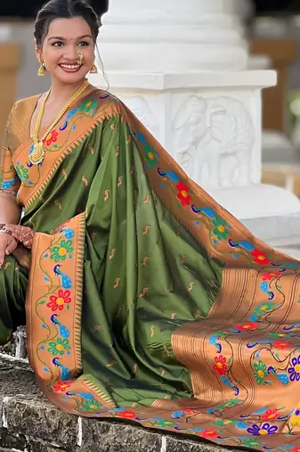 mahendi woven meenakari jacquard paithani silk blend ethnic saree