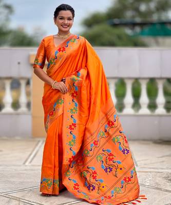 orange woven meenakari jacquard paithani silk blend ethnic saree 1