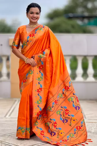 orange color  woven meenakari jacquard designer paithani silk blend fabric ethnic saree