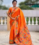 orange color woven meenakari jacquard paithani silk blend fabric ethnic saree