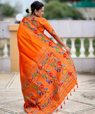 orange woven meenakari jacquard paithani silk blend ethnic saree 2