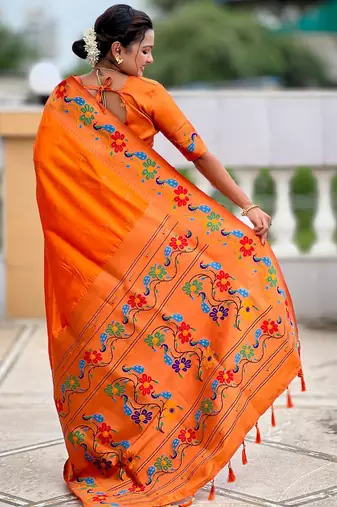 orange woven meenakari jacquard paithani silk blend ethnic saree