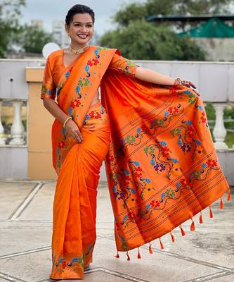 orange woven meenakari jacquard paithani silk blend ethnic saree 3