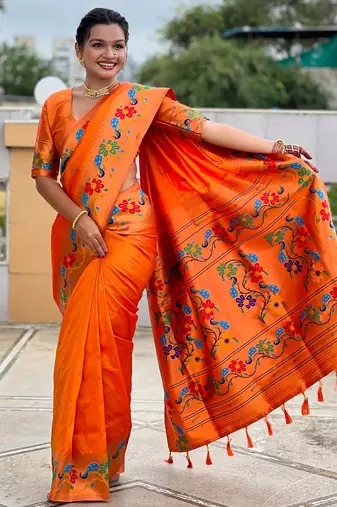 orange woven meenakari jacquard paithani silk blend ethnic saree