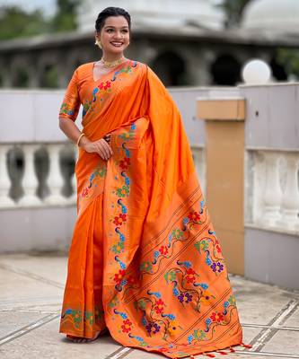 orange woven meenakari jacquard paithani silk blend ethnic saree 4