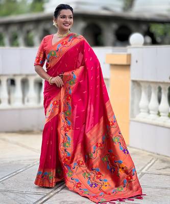 pink woven meenakari jacquard paithani silk blend ethnic saree 1