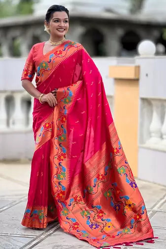pink color  woven meenakari jacquard designer paithani silk blend fabric ethnic saree