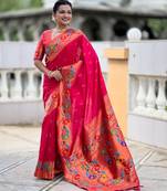 pink color woven meenakari jacquard paithani silk blend fabric ethnic saree