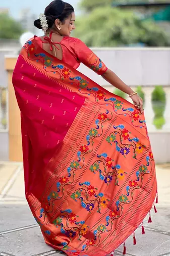 pink woven meenakari jacquard paithani silk blend ethnic saree